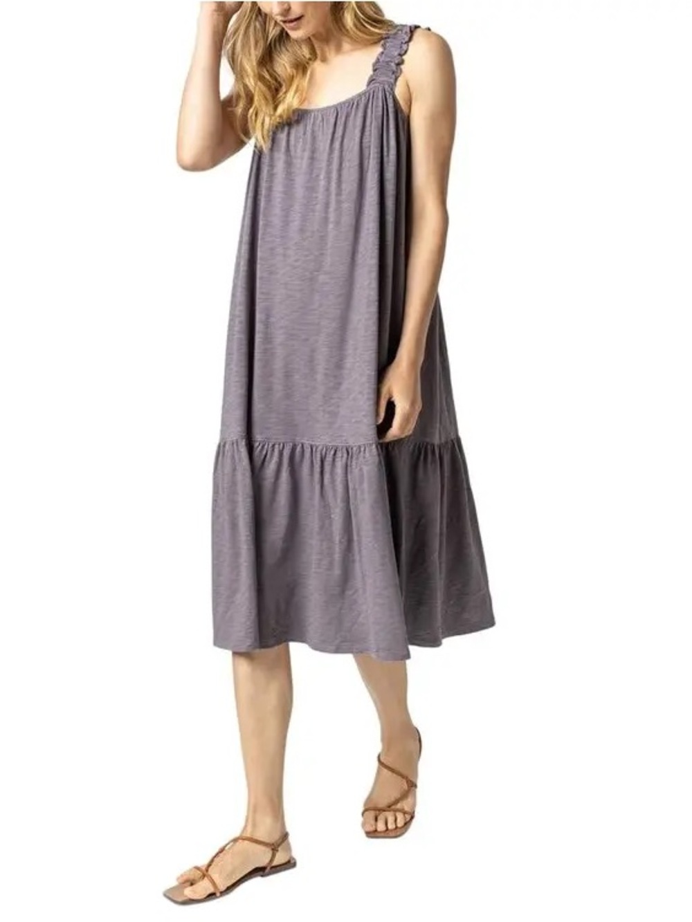 Lilla P Gathered Strap Peplum Midi Dress NWT XS Grey Minimalist Lagenlook Boho